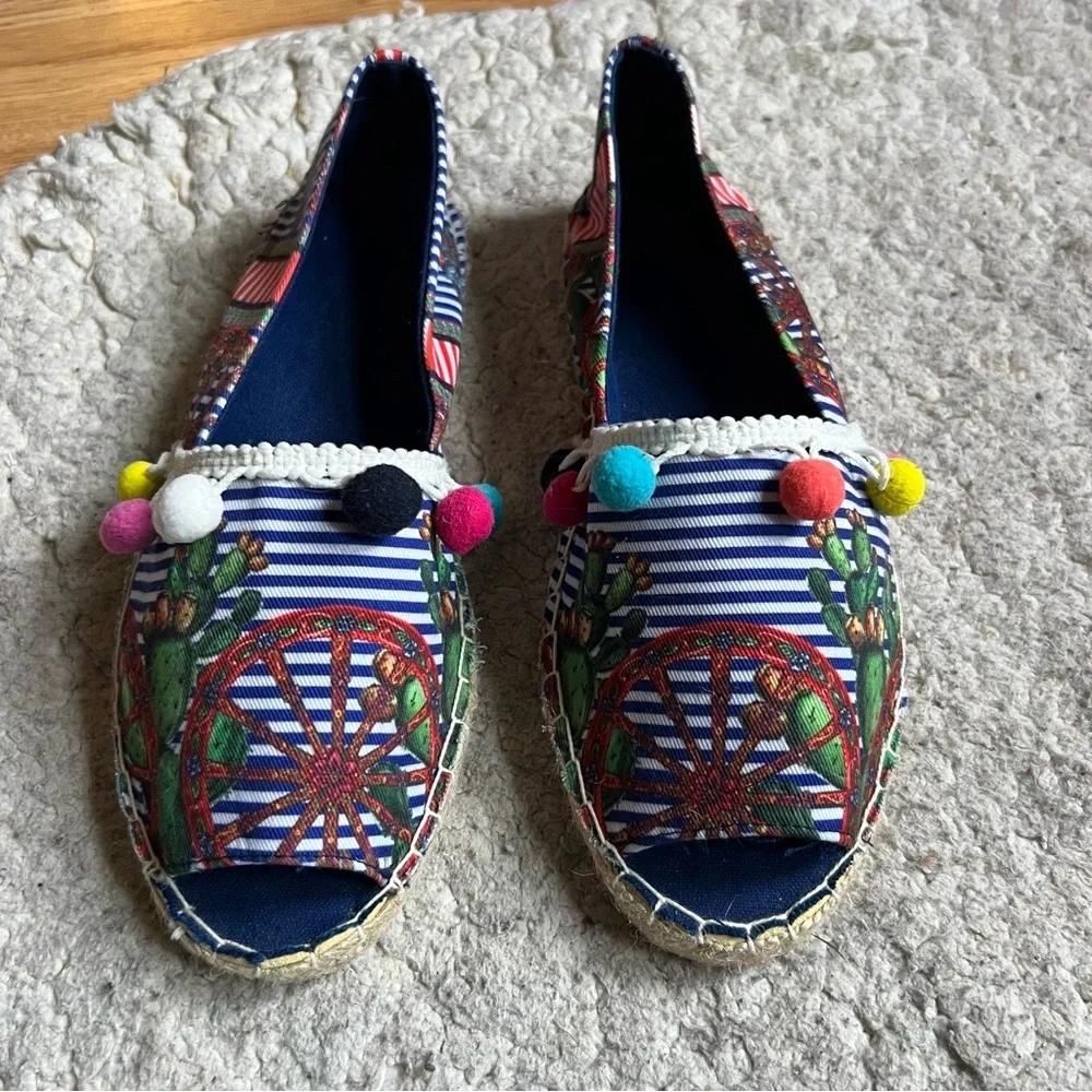 Antica Sartoria Espadrilles Size 39 Cactus Pom Pom Peep Toe Boho Resort Slide